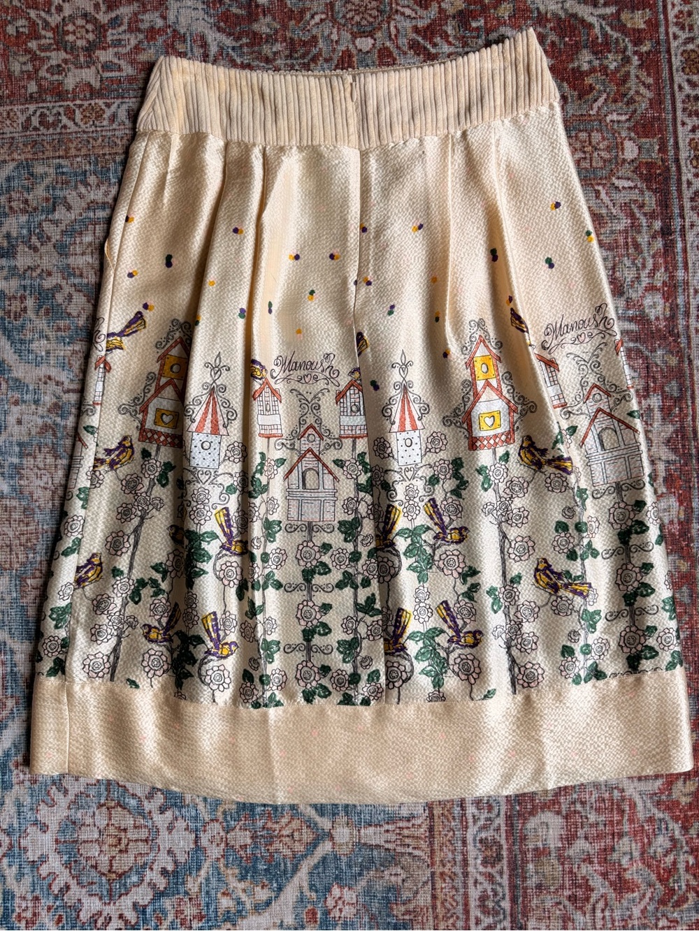 Rare Vintage MANOUSH 100% Silk Bird House Midi Skirt Cottagecore Whimsical Sz6 - Picture 12 of 12